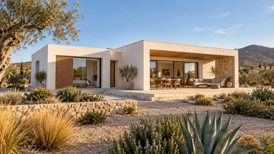 Visualización de una vivienda moderna de dos volúmenes blancos desplazados, con jardín mediterráneo y porche