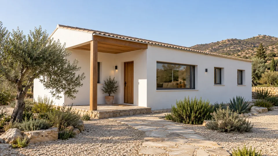 Vivienda compacta de una planta con fachada blanca, entrada visible y porche sencillo
